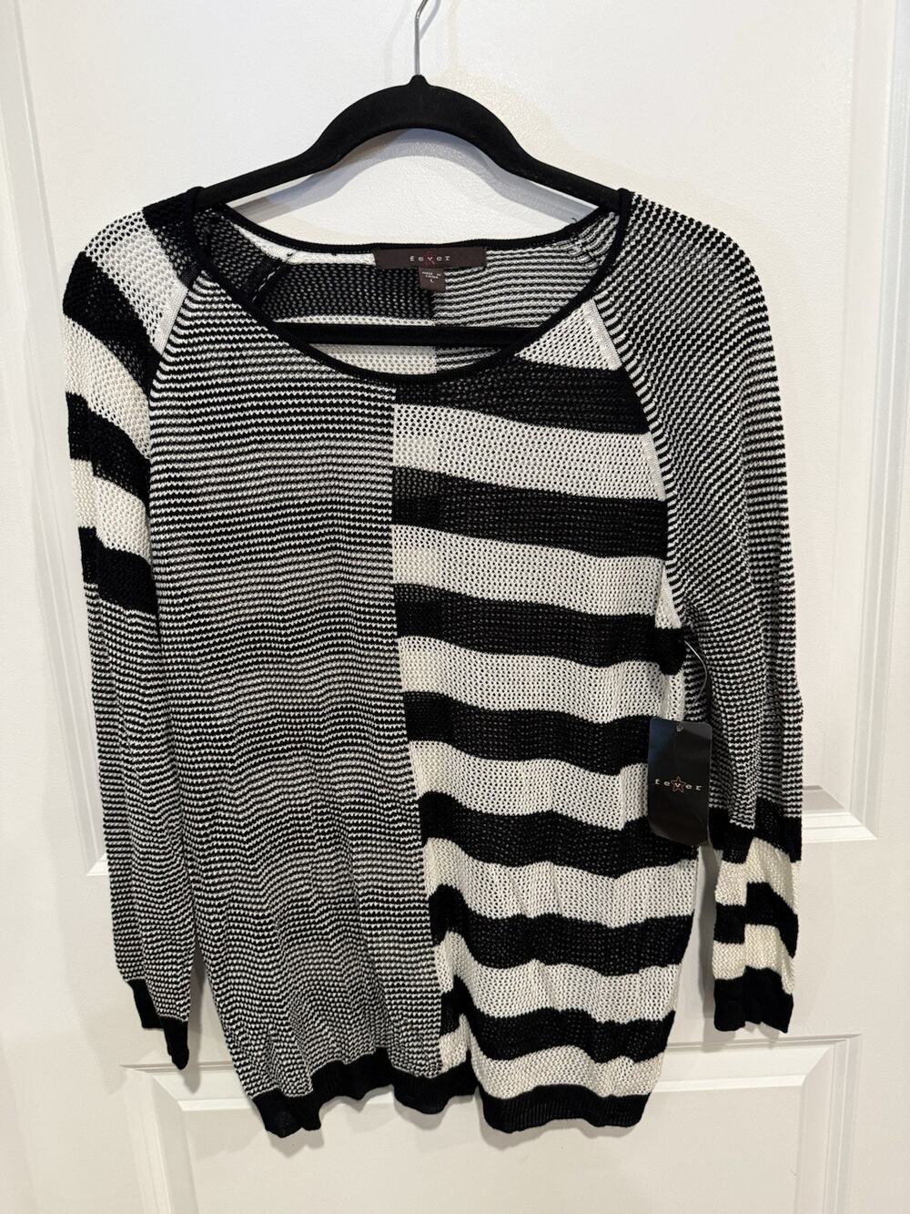 NWT Fever Asymmetrical Black White Pattern Open Knit Sweater Sz Large $68